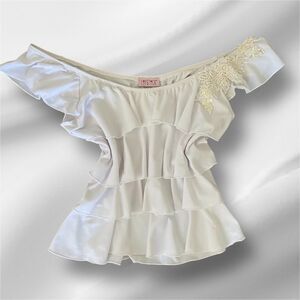 Vintage Made in USA White Cream Off The Shoulder Sequin Ruffle Flutter Top M